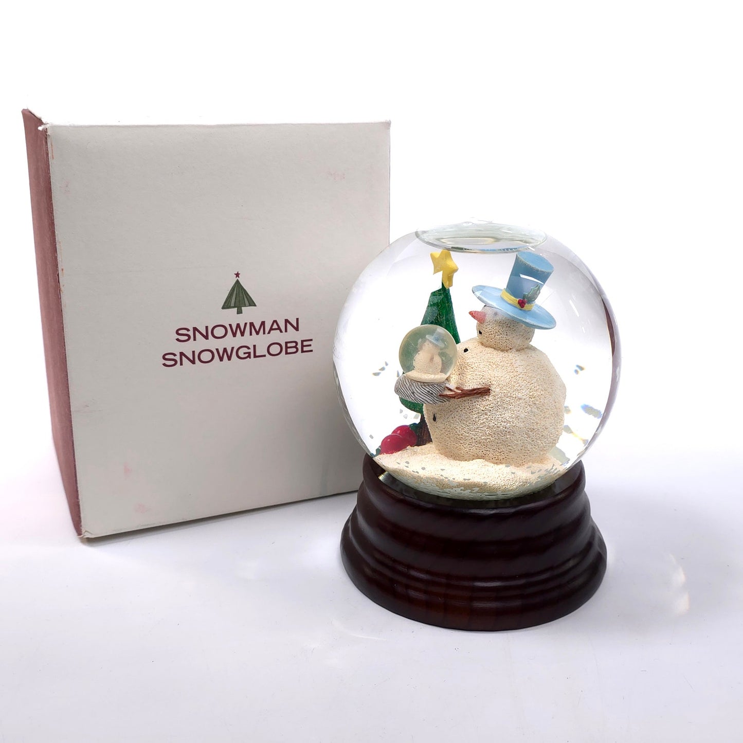 Eddie Bauer Snowman Holding Snow Man Snow Globe Wood Base Christmas Tree w/ Star
