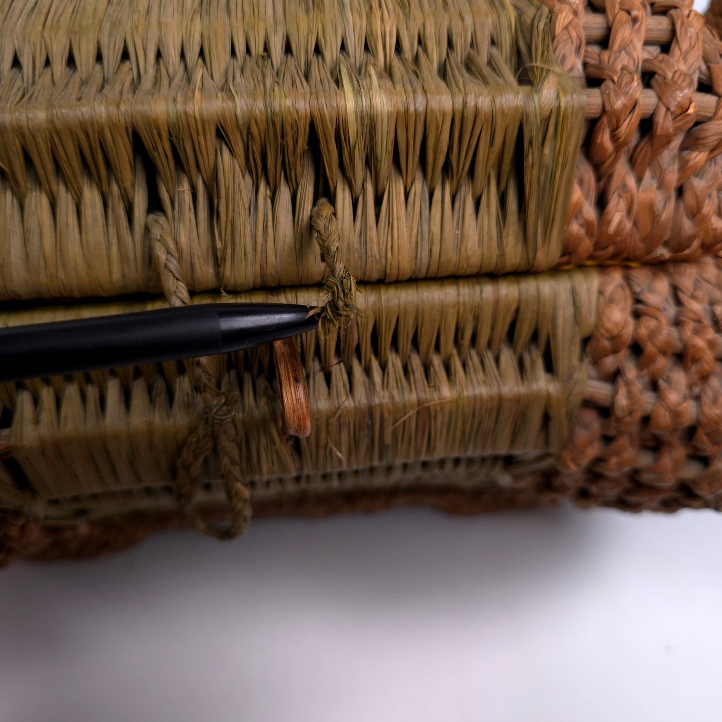 Antique Lined Table Trinket Box Hand Woven Basket With Handles