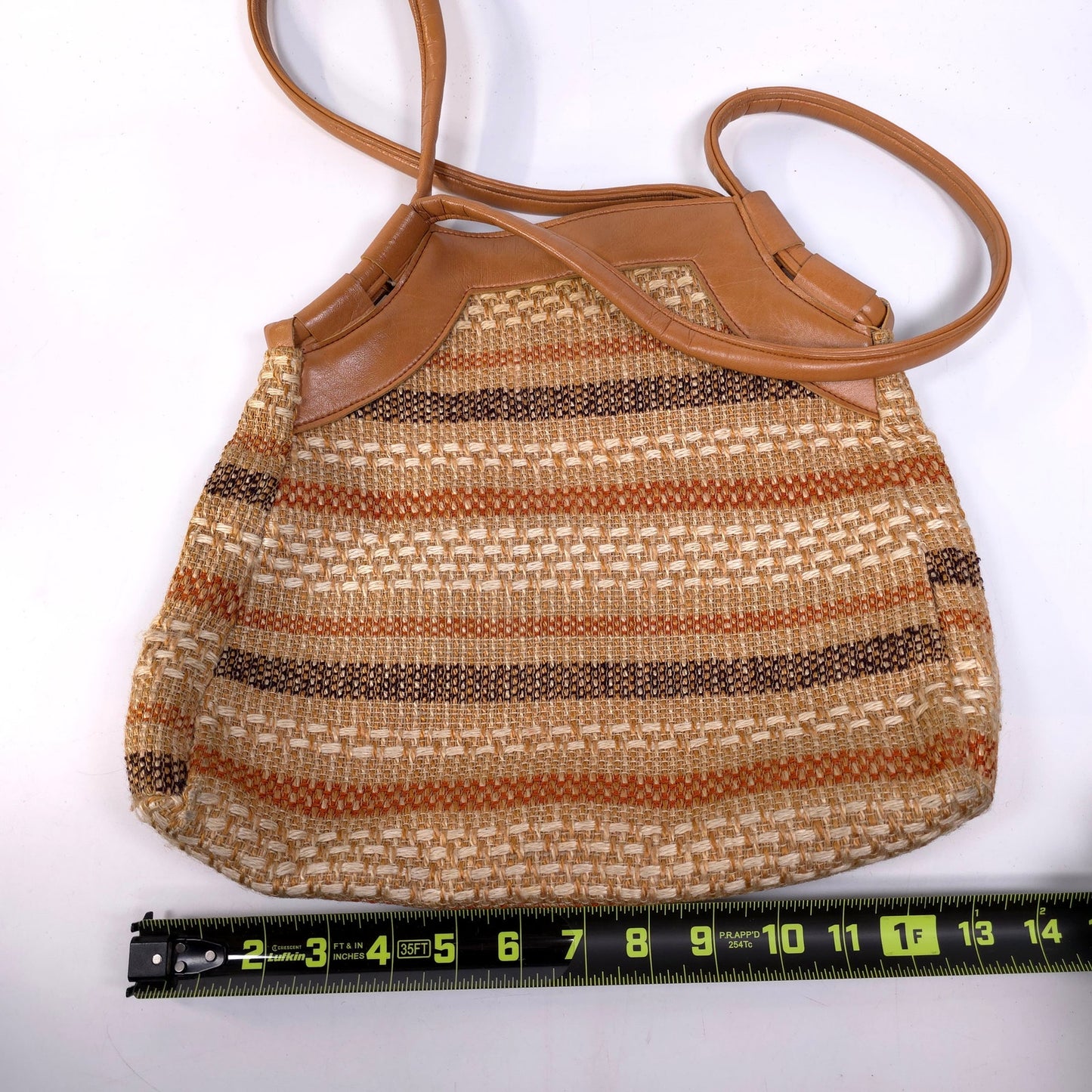 Burlap And Leather Woven Shoulder Bag Purse Striped