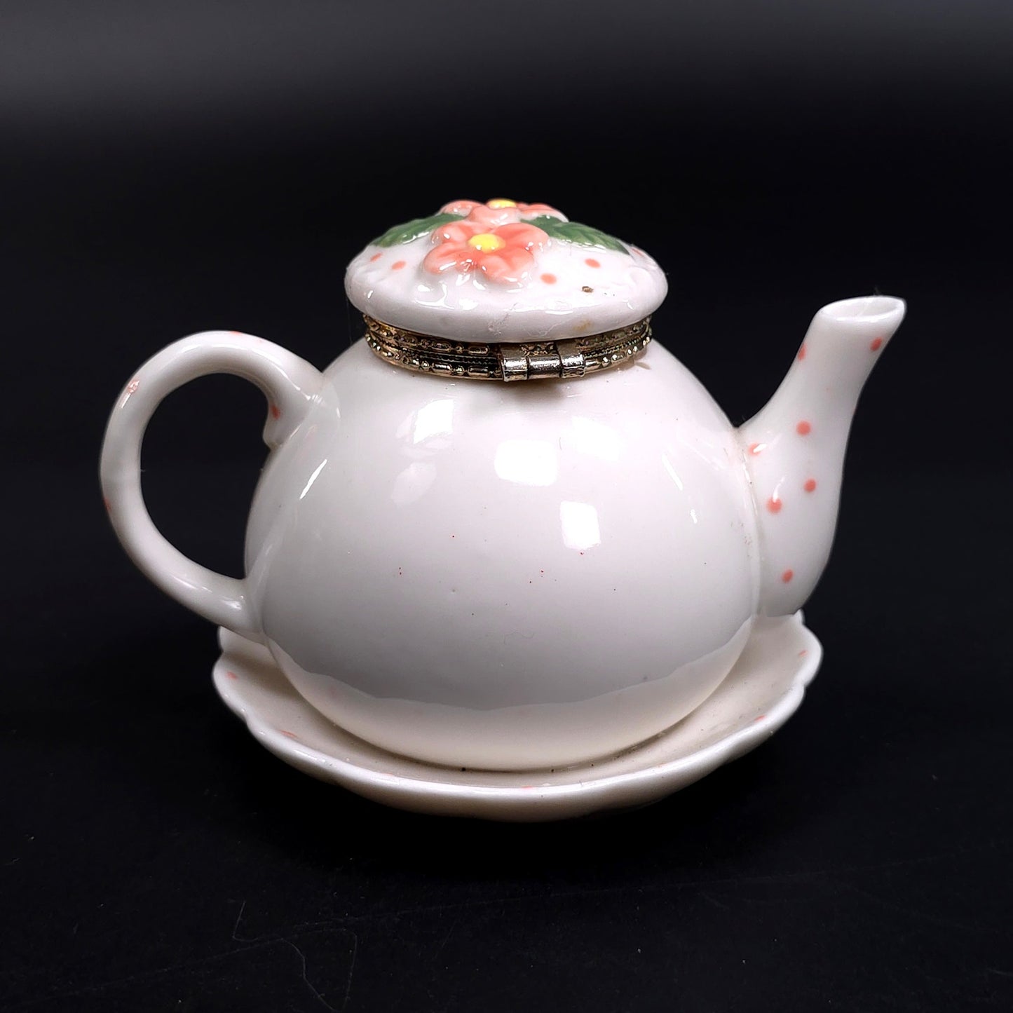 Vintage Tea Pot Jewelry Trinket Box With Saucer Floral Pattern