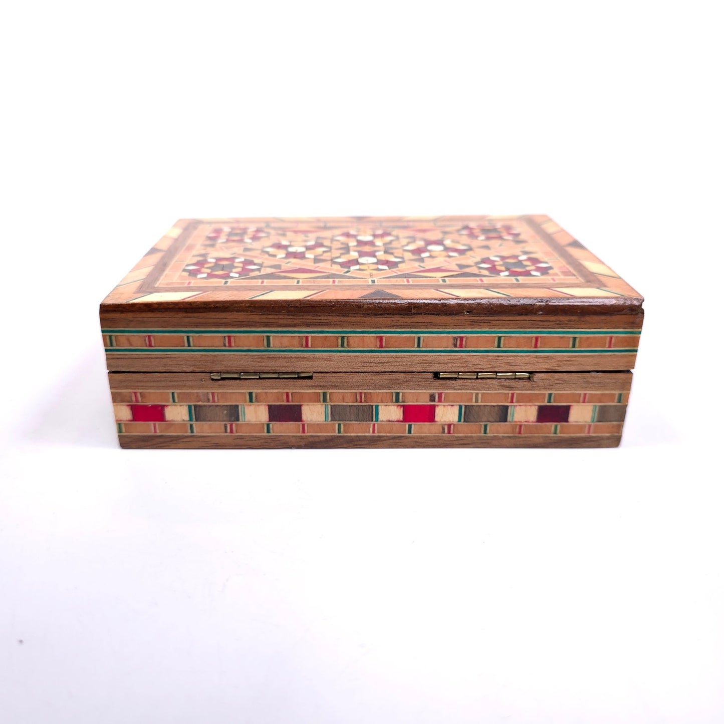 Vintage MCM Marquetry Wood Trinket Jewelry Box With Mosaic Inlay