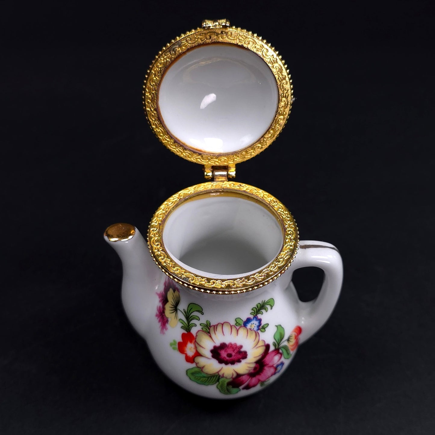 Vintage Tea Pot Jewelry Trinket Box With Saucer With Floral Pattern