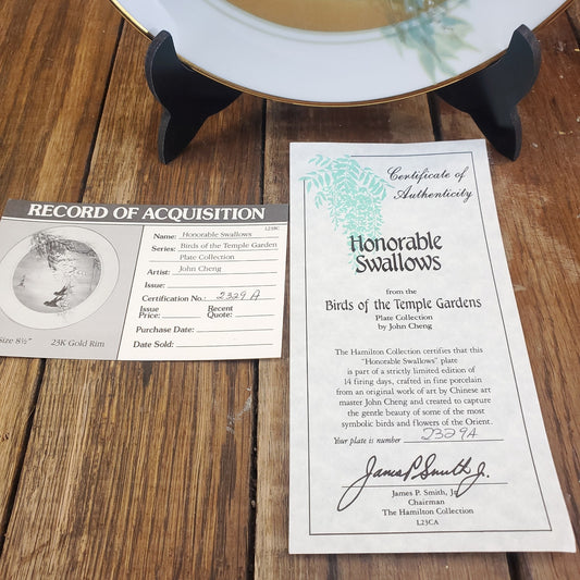1989 John Cheng Honorable Swallows Collector Plate 24k Gold Trim