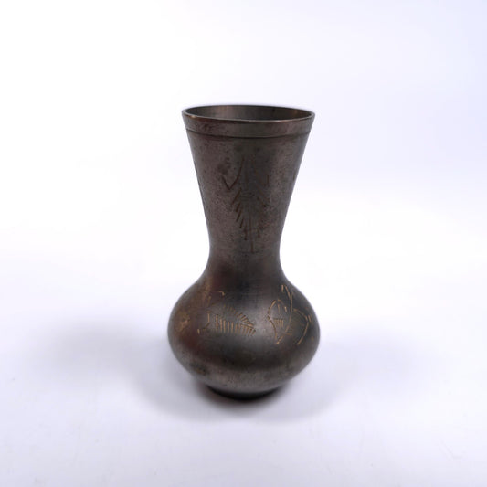 Vintage Bronze Mini Bud Vase With Etched Floral Pattern