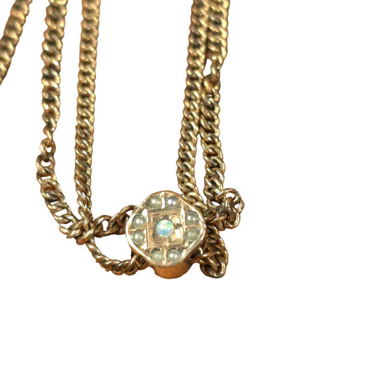 Antique Gold Tone Opal Seed Pearl Pocket Watch Slide Chain Necklace
