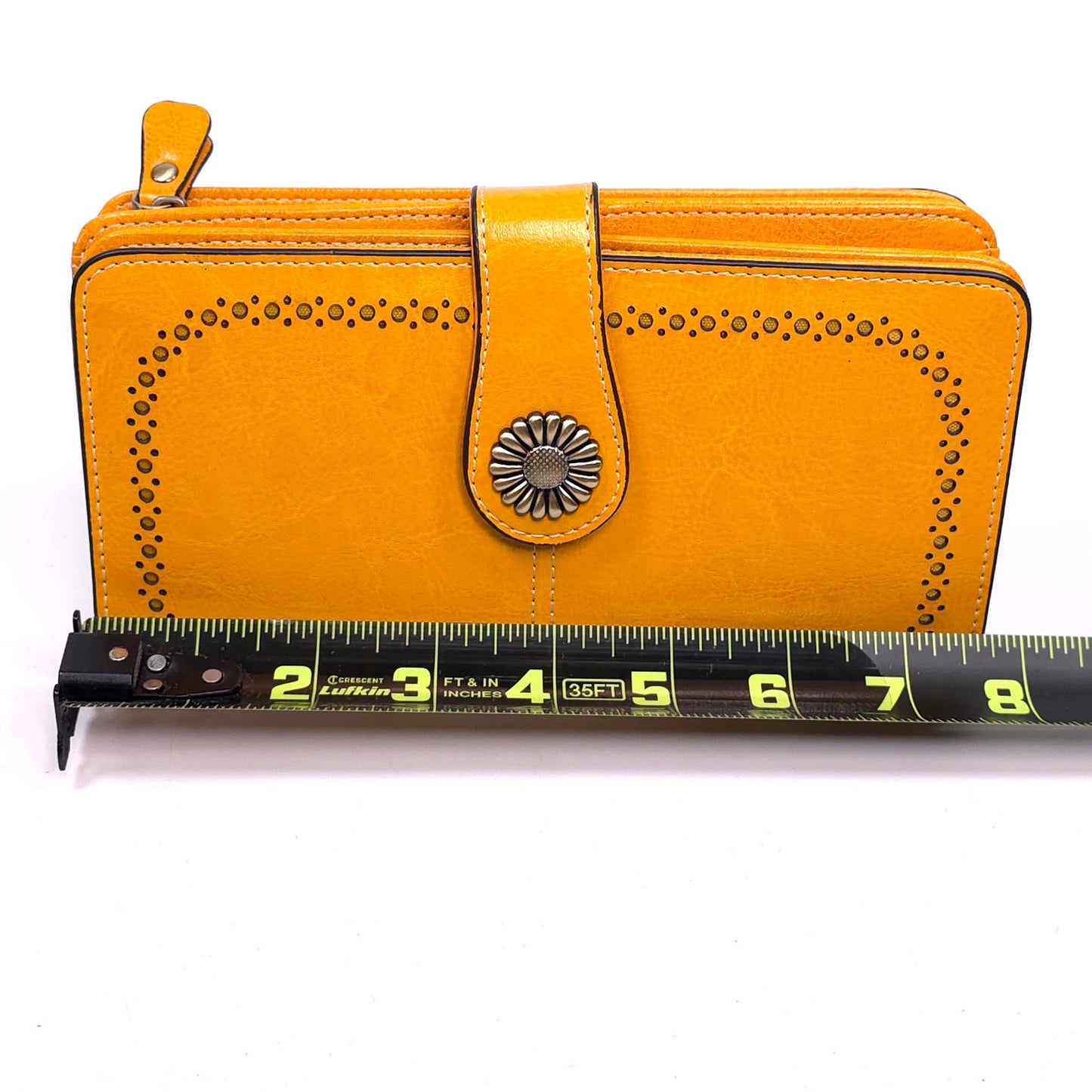 Sendefn Yellow Leather Wallet Wristlet Floral Button Clasp RFID Protetion