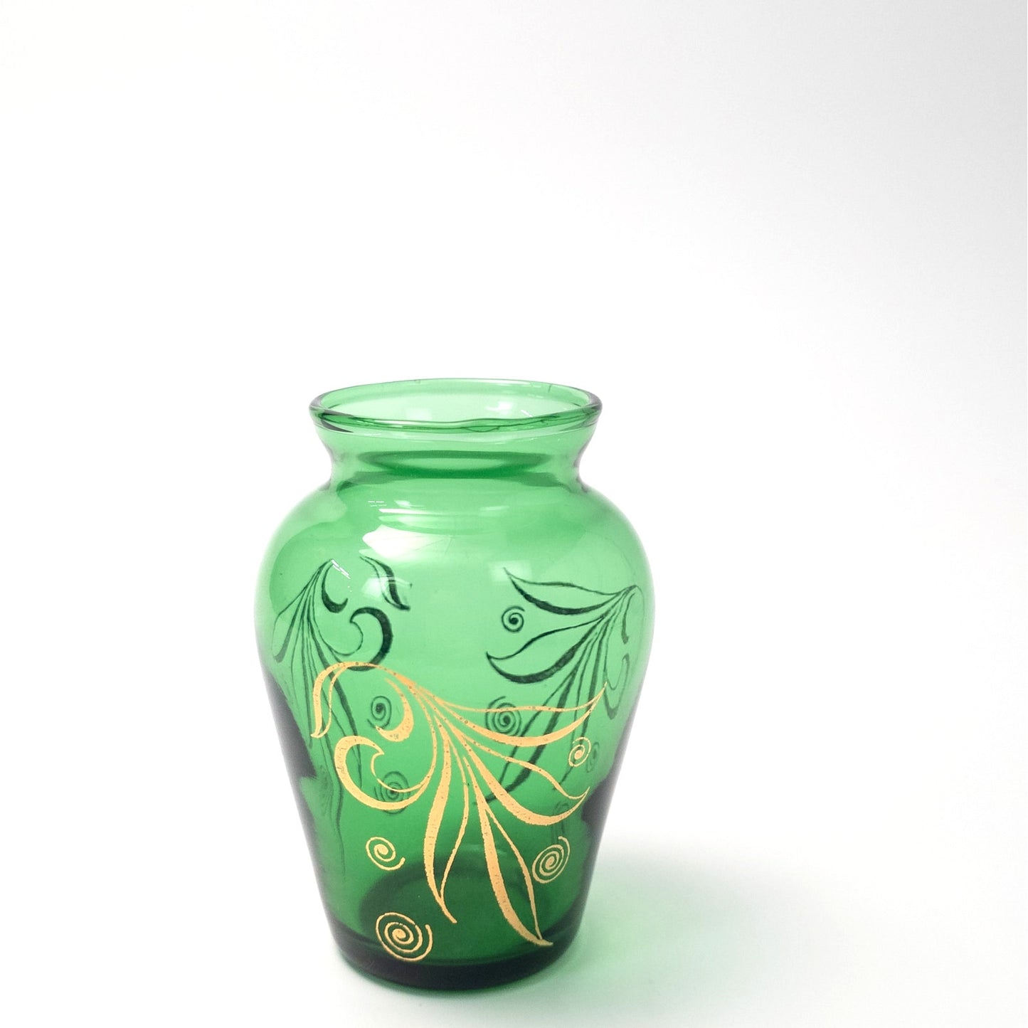 Anchor Hocking Emerald Forest Green Bud Vase with Gold Leaves Design