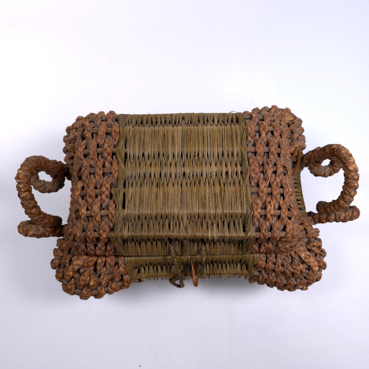 Antique Lined Table Trinket Box Hand Woven Basket With Handles