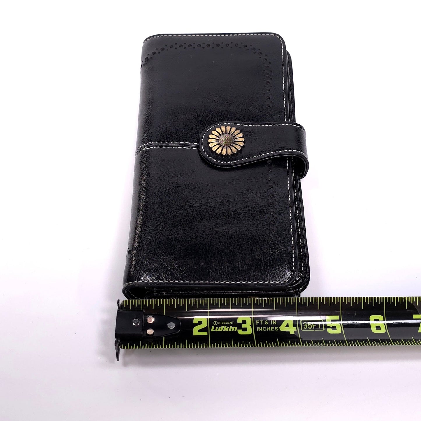 Sendefn Black Leather Wallet Wristlet Floral Button Clasp RFID Protetion