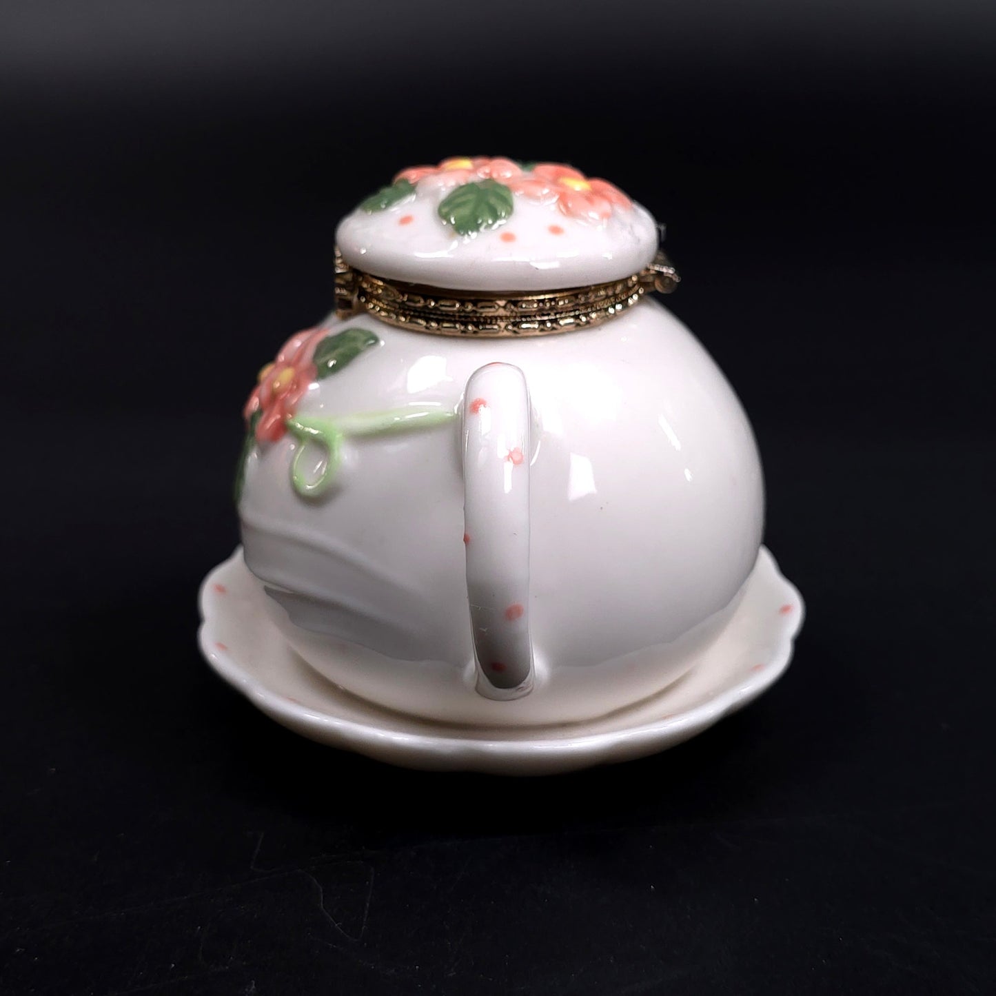 Vintage Tea Pot Jewelry Trinket Box With Saucer Floral Pattern