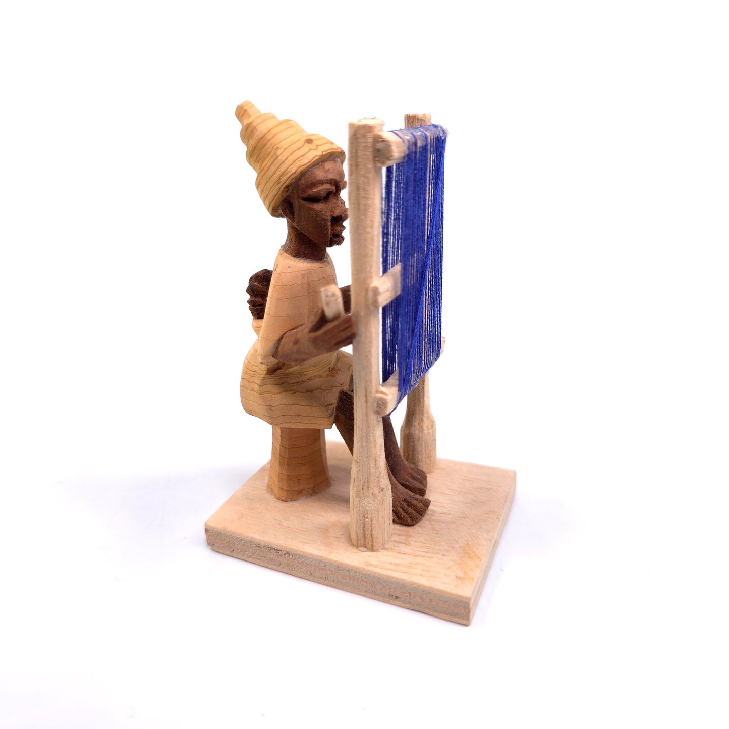 Vintage MCM Hand Carved Wooden Woman With A Loom Weaving Made In Nigeria Figure