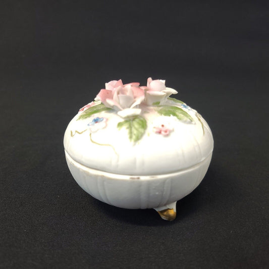 Round Rose China Trinket Box Candle Powder Scented Vintage # 1268