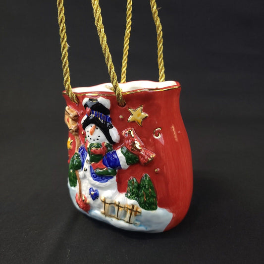 Vintage Ceramic Snowman Gift Bag With Cardinal And Birdhouse - Collectible Decor