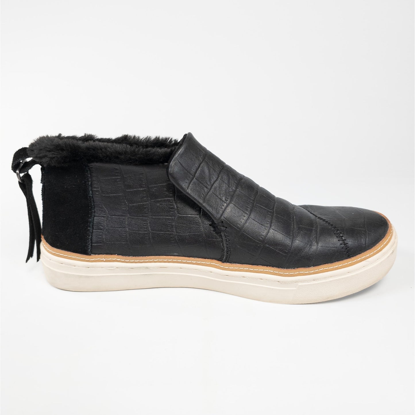 Toms Paxton Black Embossed Leather Slip On Faux Fur Lined Ankle Booties Size 9.5