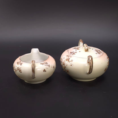 MCM Japanese Porcelain Embossed Floral Design Sugar & Creamer Set Gold Trim