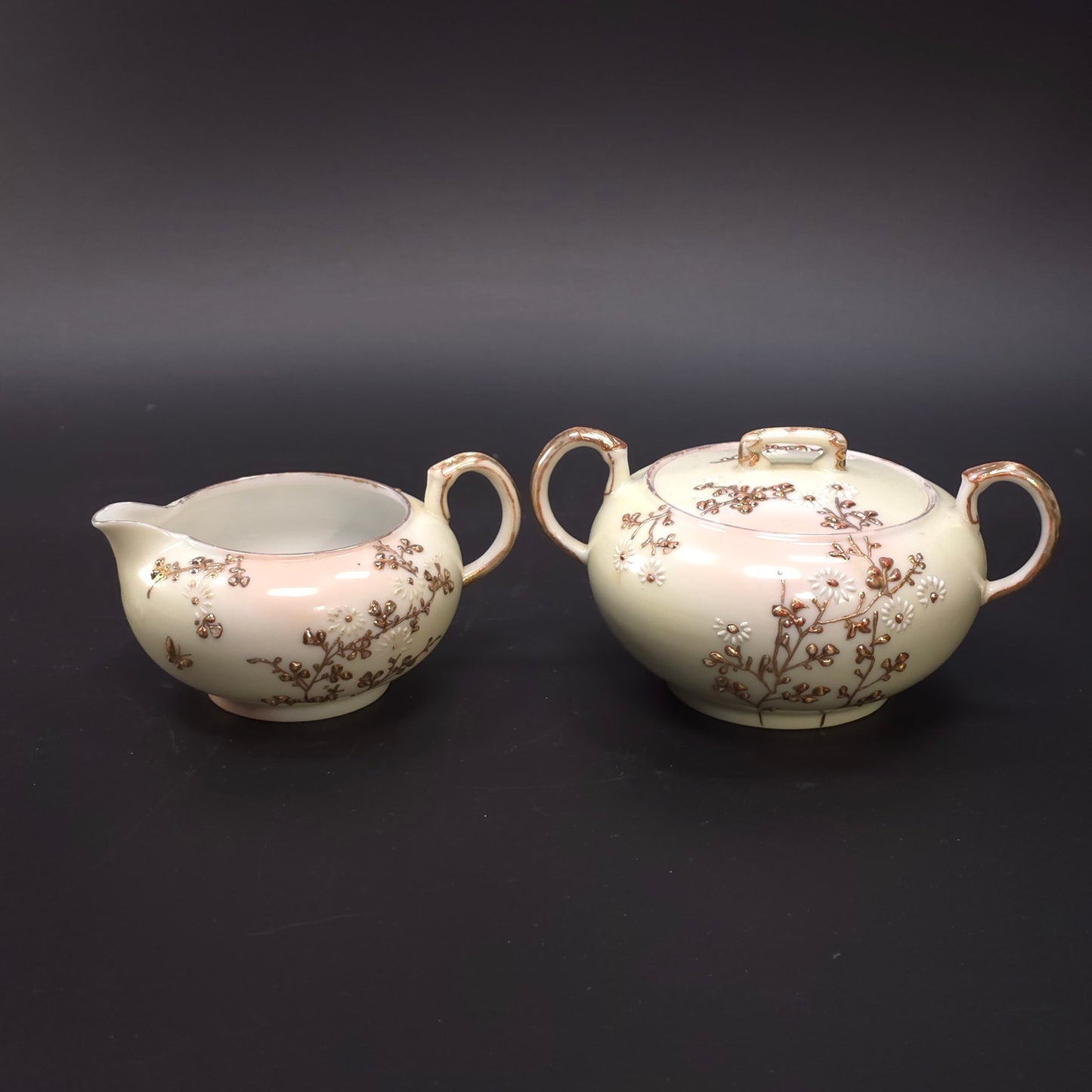MCM Japanese Porcelain Embossed Floral Design Sugar & Creamer Set Gold Trim
