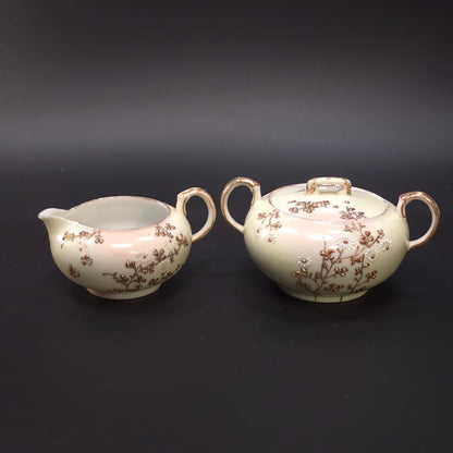 MCM Japanese Porcelain Embossed Floral Design Sugar & Creamer Set Gold Trim