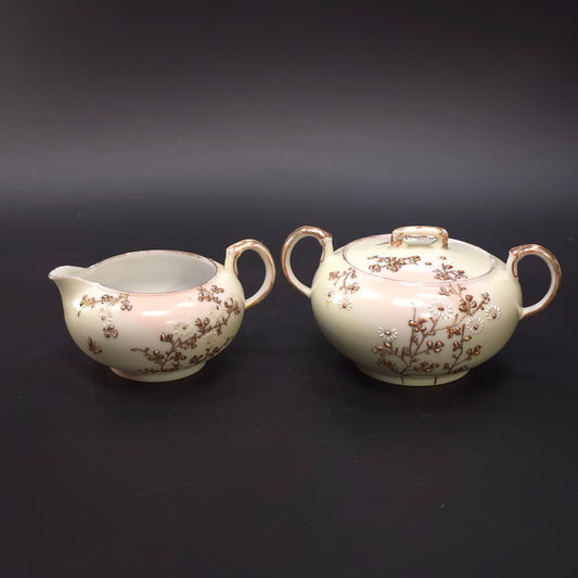 MCM Japanese Porcelain Embossed Floral Design Sugar & Creamer Set Gold Trim