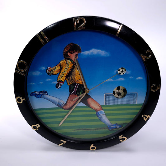 Vintage Soccer Football Player Wall Clock Black Frame Sports Theme Kick Motion
