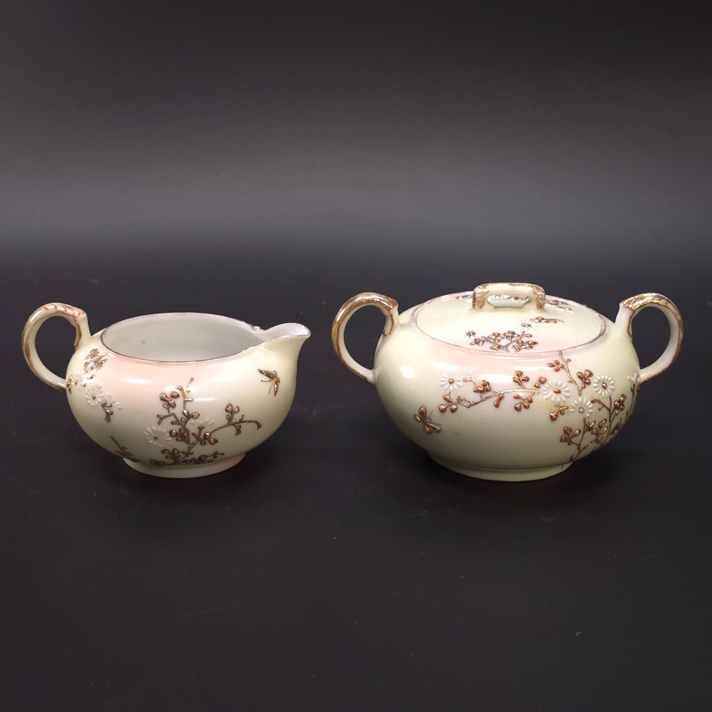 MCM Japanese Porcelain Embossed Floral Design Sugar & Creamer Set Gold Trim