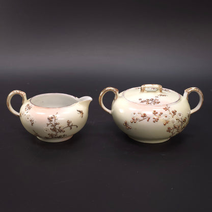 MCM Japanese Porcelain Embossed Floral Design Sugar & Creamer Set Gold Trim