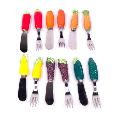 Vintage Charcuterie Cheese Pate Knife & Fork Lof of 12 Ceramic Handle