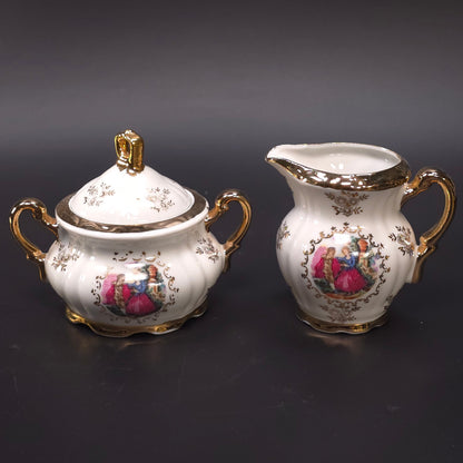 MCM Japanese Porcelain Sugar & Creamer Set Gold Trim Romantic Courting Scene