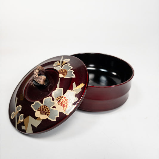 Lacquered Japanese Tea Lidded Trinket Box Container Floral Design w/ Tassel
