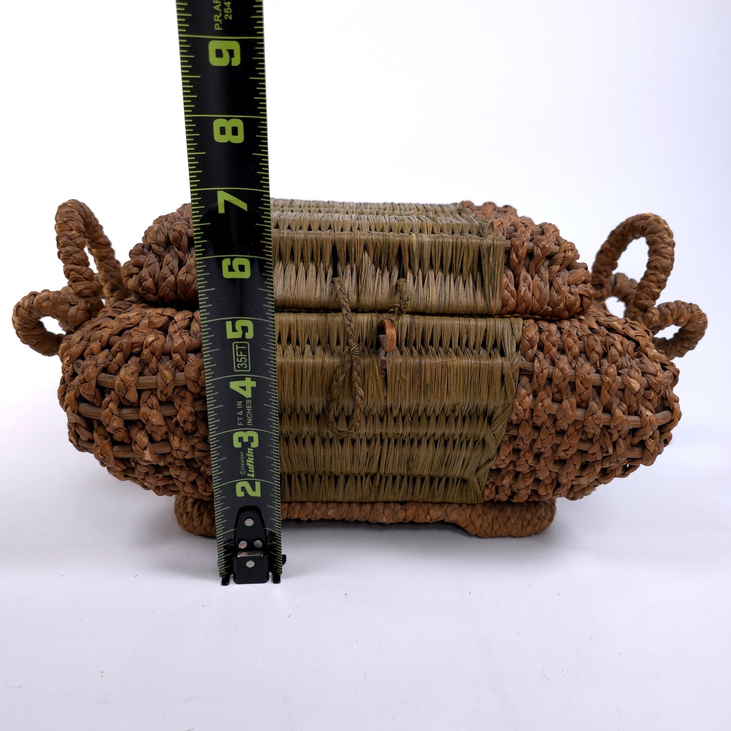 Antique Lined Table Trinket Box Hand Woven Basket With Handles