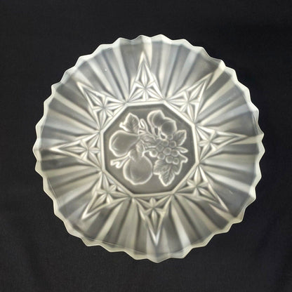Vintage Frosted Satin Glass Fruit Bowl with Starburst Pattern Scalloped Edge