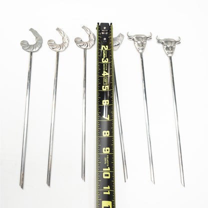 Lot of 6 Stainless Steel Animal Kabob Skewers Bull Chicken Shrimp