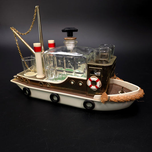 Vintage Music Box Tugboat Decanter w/ 4 Shot Glasses Maritime Home Decor