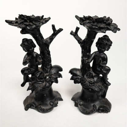 Cherub Angel Black Resin Candle Stick Holder Set of 2