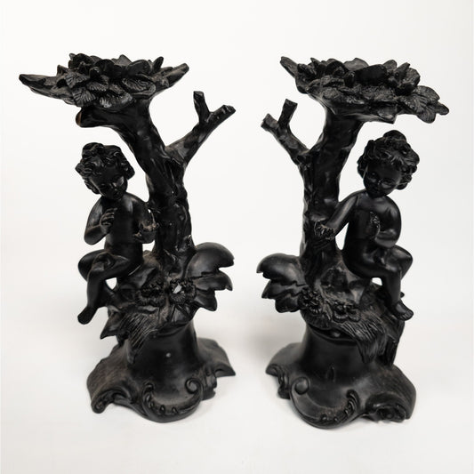 Cherub Angel Black Resin Candle Stick Holder Set of 2