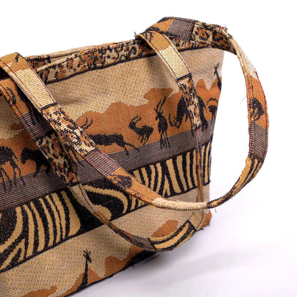 African Safari Themed Shoulder Tote Bag Purse Elephant Monkey Giraffe Antelope
