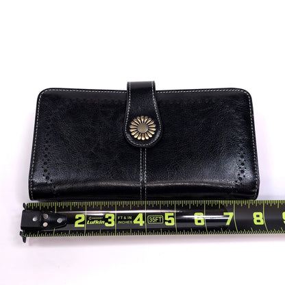 Sendefn Black Leather Wallet Wristlet Floral Button Clasp RFID Protetion