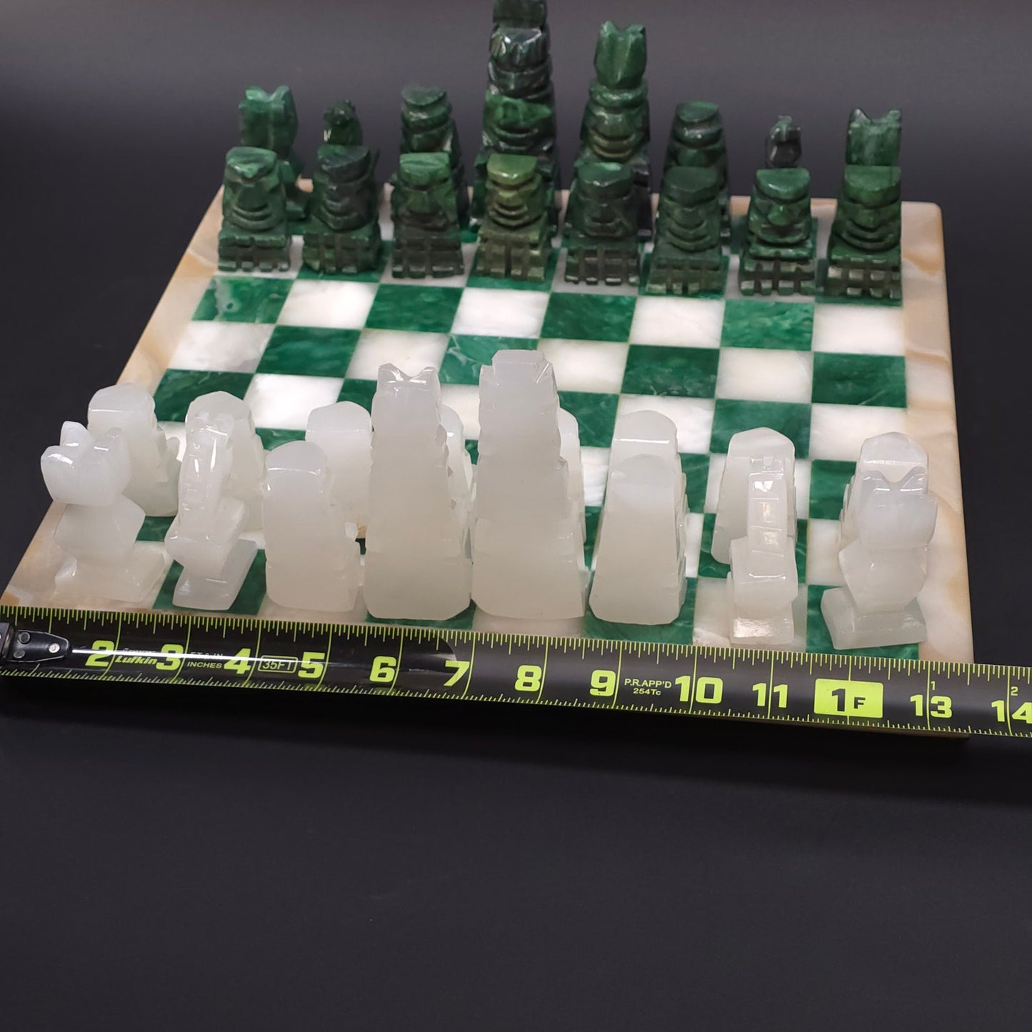 Vintage Green White Onyx Stone Carved Chess Board Set Mexico