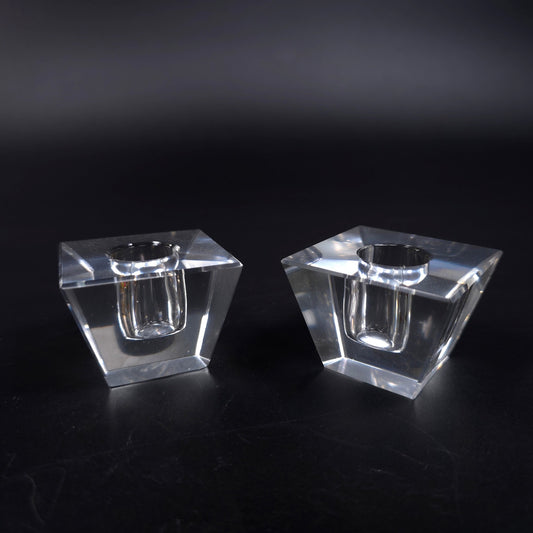 Set of 2 MCM Crystal Candle Stick Holders Square Pyramid Elegant Home Decor