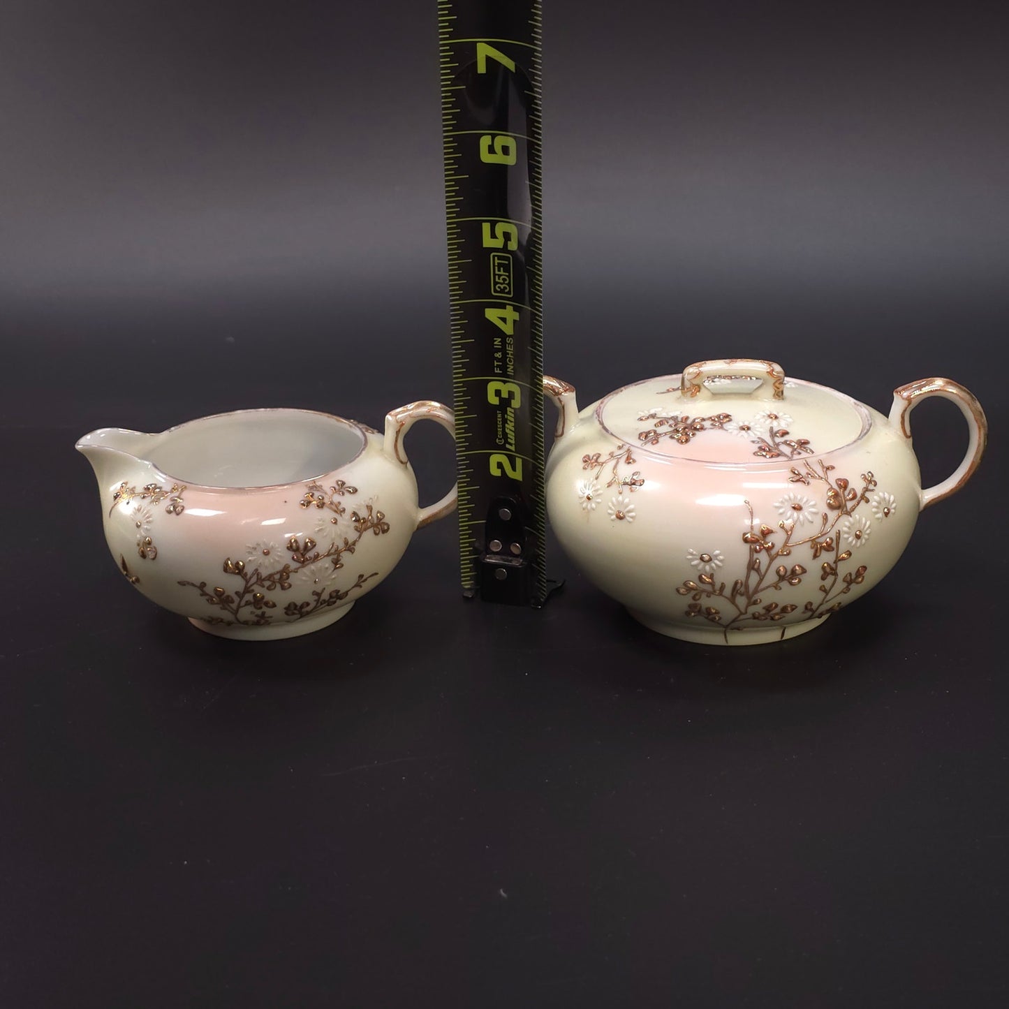 MCM Japanese Porcelain Embossed Floral Design Sugar & Creamer Set Gold Trim