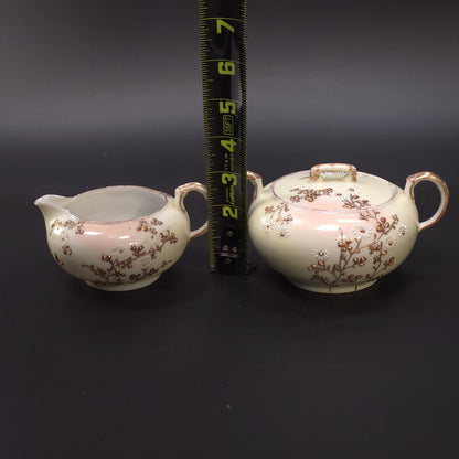 MCM Japanese Porcelain Embossed Floral Design Sugar & Creamer Set Gold Trim