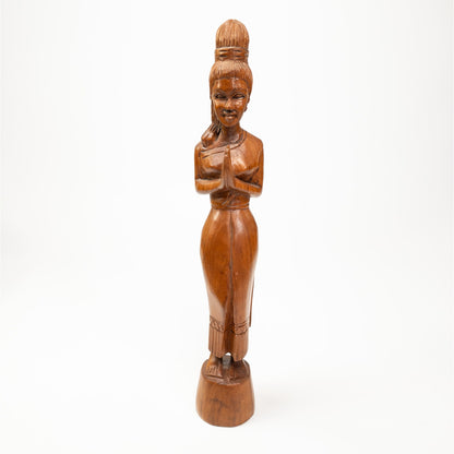 Vintage Teak Wooden Hand Carved Sawasdee Thai Praying Woman 12.5"