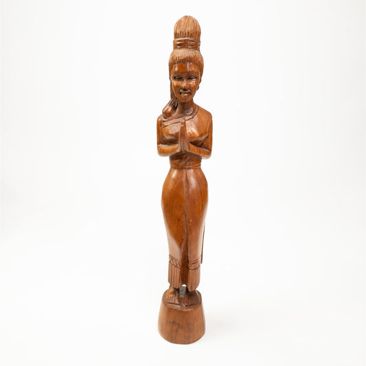 Vintage Teak Wooden Hand Carved Sawasdee Thai Praying Woman 12.5"