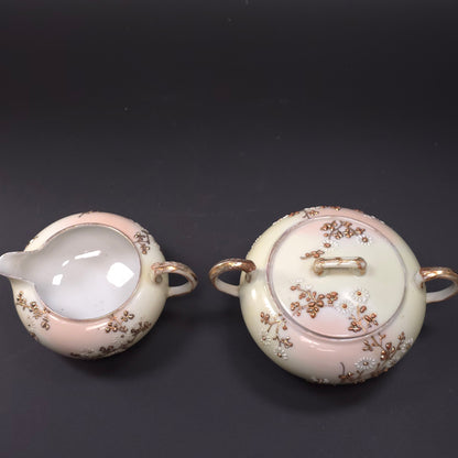 MCM Japanese Porcelain Embossed Floral Design Sugar & Creamer Set Gold Trim
