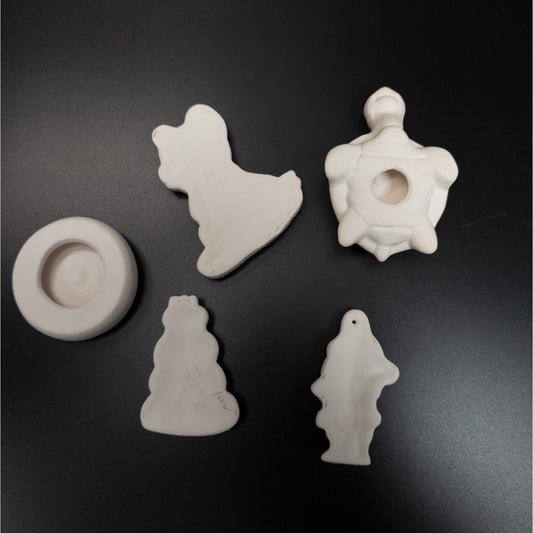 5 Unpainted Ceramic Bisque Figures Ornaments DIY Craft Decor Turtle Gnome Bear