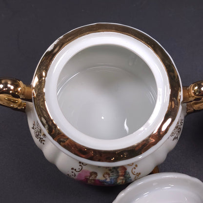 MCM Japanese Porcelain Sugar & Creamer Set Gold Trim Romantic Courting Scene