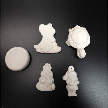 5 Unpainted Ceramic Bisque Figures Ornaments DIY Craft Decor Turtle Gnome Bear