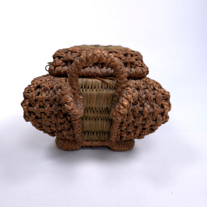 Antique Lined Table Trinket Box Hand Woven Basket With Handles