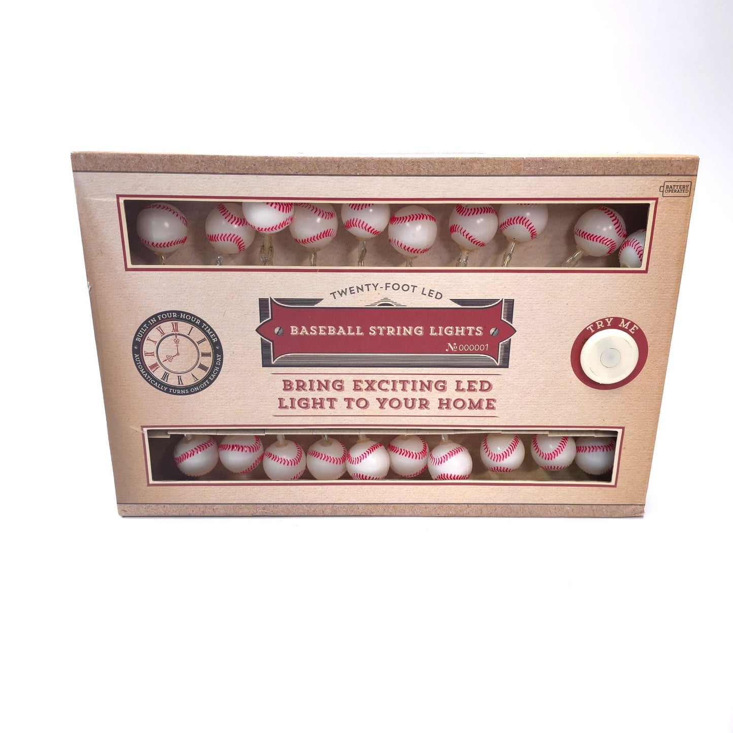 20 ft LED Baseball String Lights Automatic On/Off 4 hr Timer Battery Powered