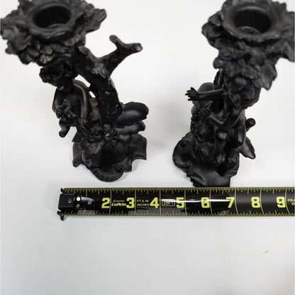 Cherub Angel Black Resin Candle Stick Holder Set of 2