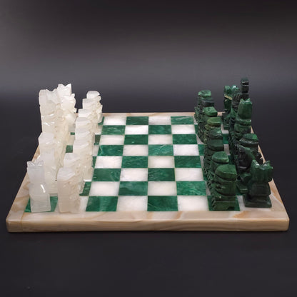 Vintage Green White Onyx Stone Carved Chess Board Set Mexico